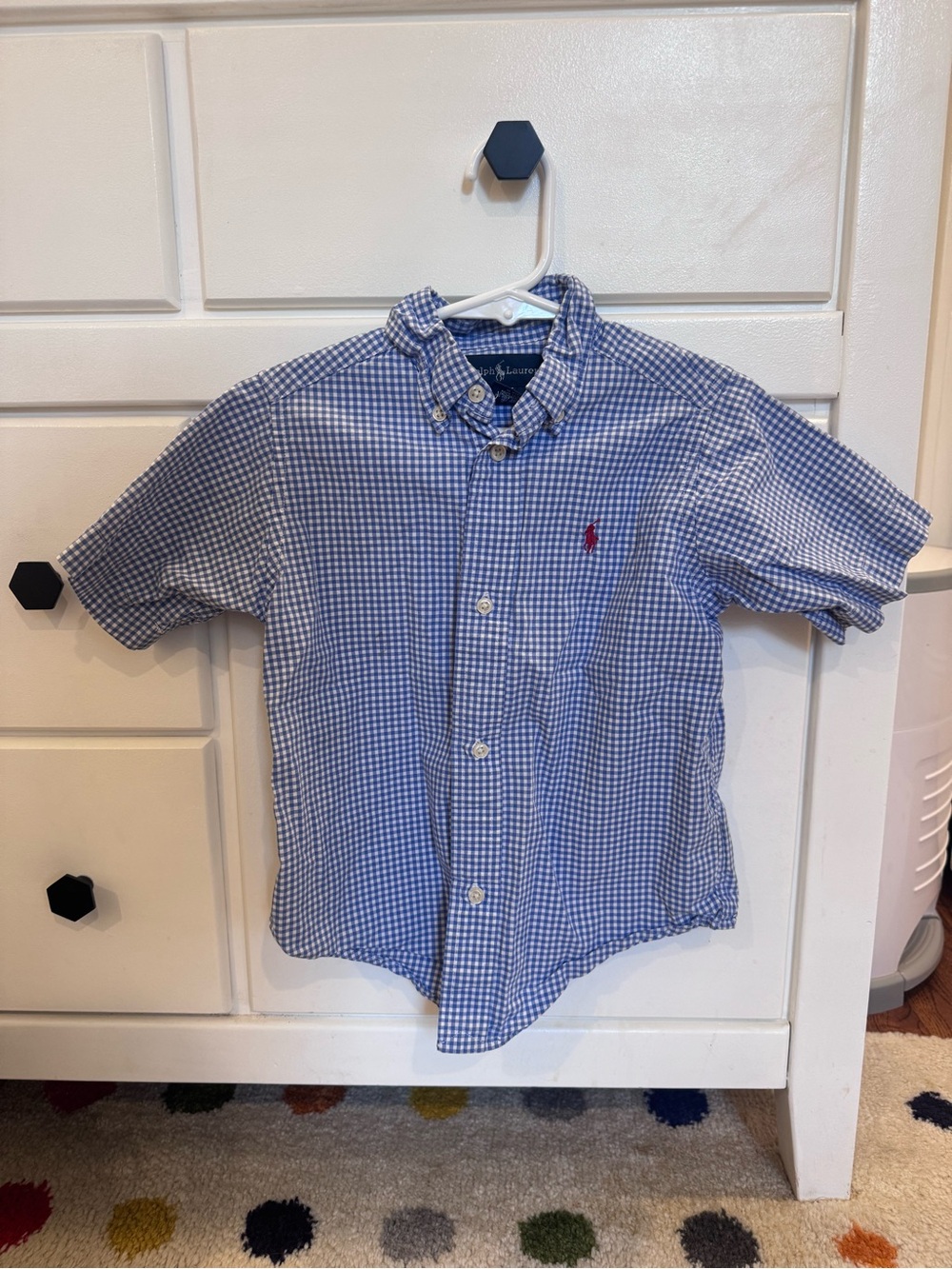 Ralph Lauren Blue & White Gingham Button-Down Shirt with Red Polo Logo